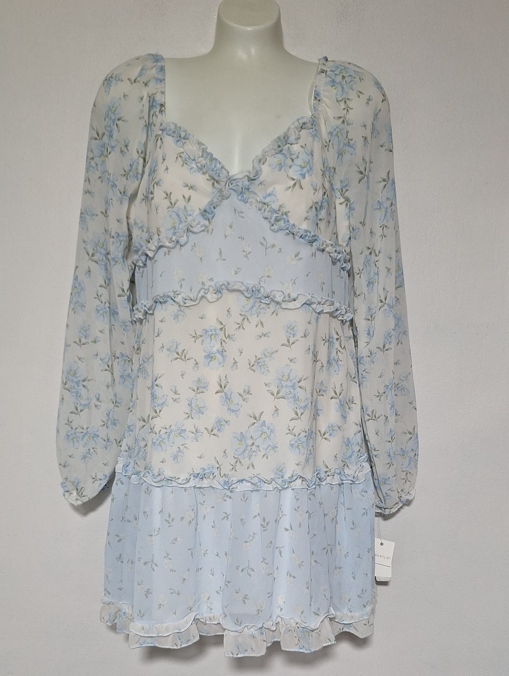 Ultra Flirt Light Blue Floral Ruffled Long Sleeve Lightweight Dress